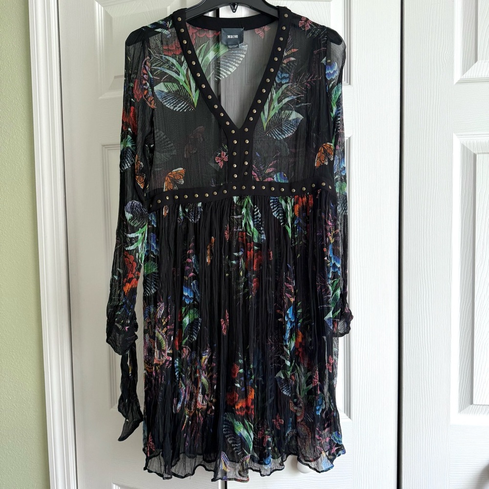 Anthropologie Maeve Multicolor Floral Sheer Boho Chiffon Long-Sleeve Dress Tunic